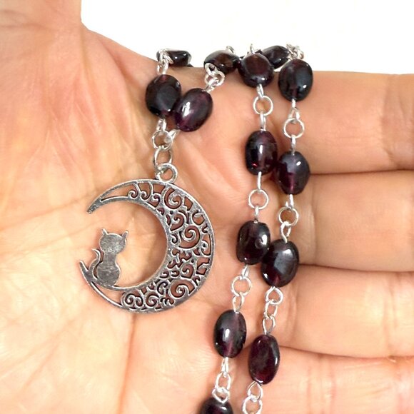 Genuine Garnet Short Necklace, Natural Gemstone w/ Cat on the Moon Pendant - Picture 15 of 15